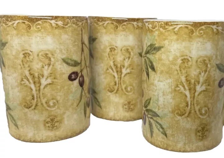 222 FIFTH Set Of  3 Coffee Mugs 10oz Fine Porcelain OLIVETO Olive Branch Print
