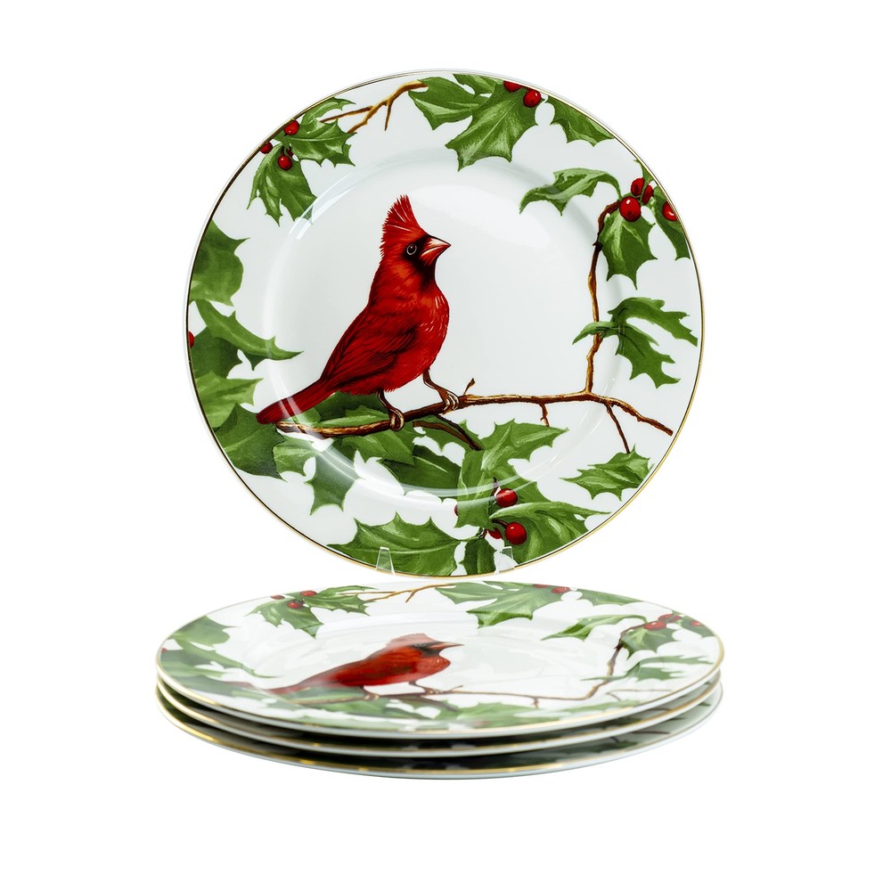 Gracie China 8-Inch Christmas Cardinal Holly Porcelain Dessert Plate