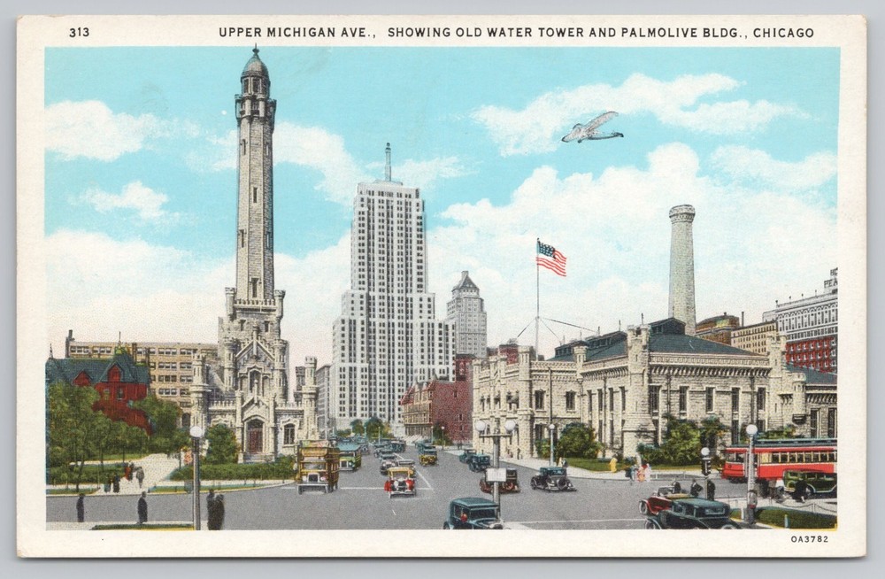 Upper Michigan Ave Old water Tower & Palmolive Bldg Chicago Illinois IL Postcard