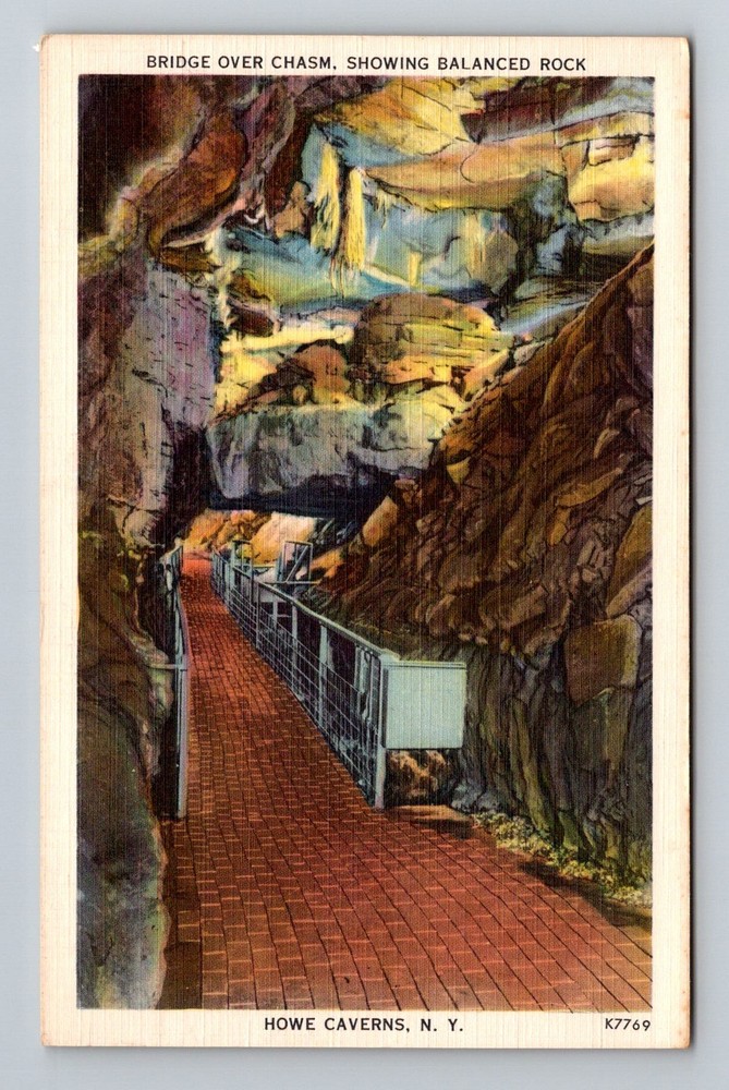 Howe Caverns, NY-New York, Bridge Chasm Balanced Rock Walkway Vintage Postcard