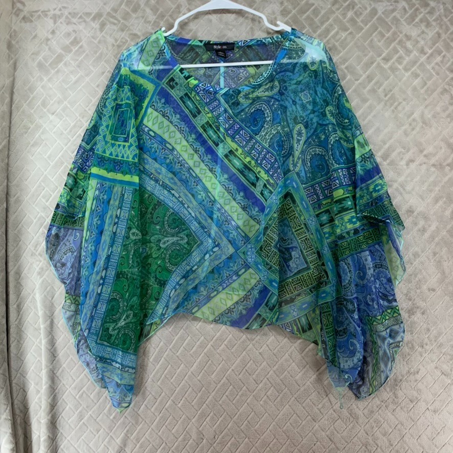 Style & Co Poncho Top Womens L Blue Green Sheer Paisley Striped Boho Festival