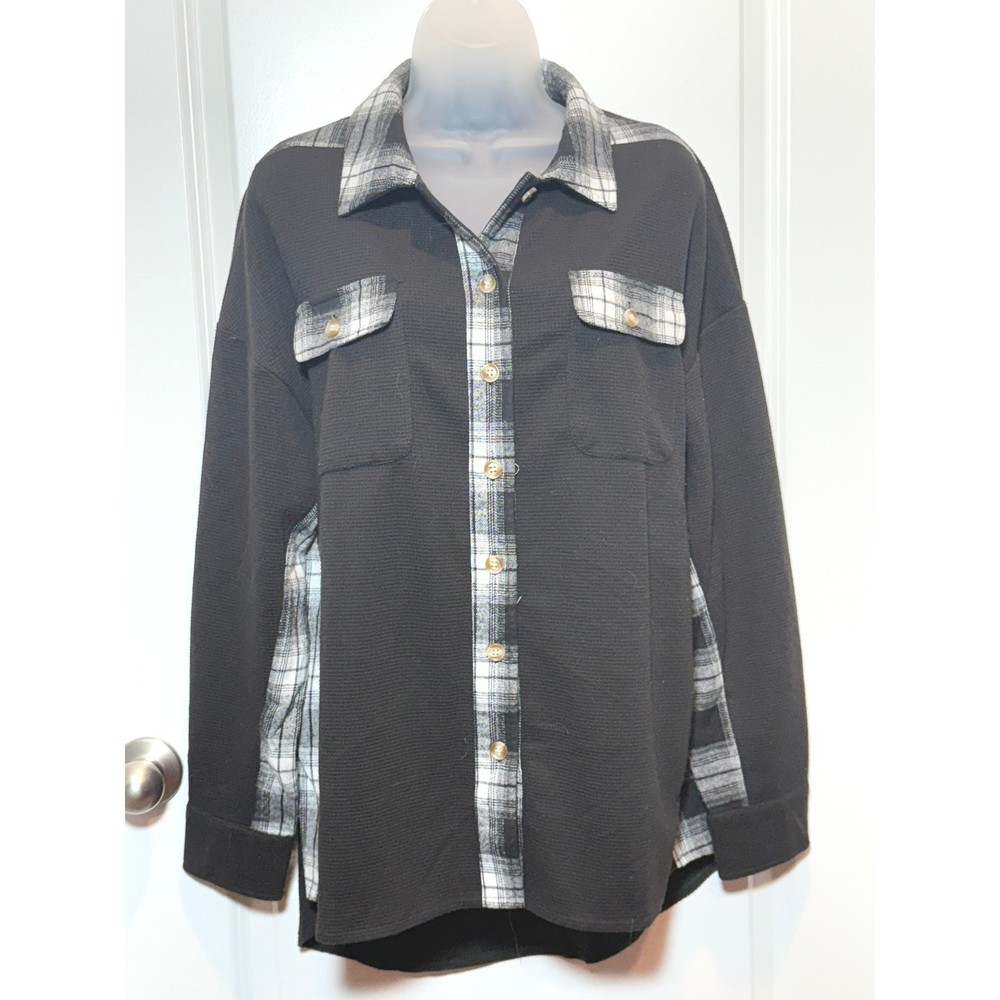 Womens Black Plaid Flannel Long Sleeve Button Up Shirt Medium Waffle Top