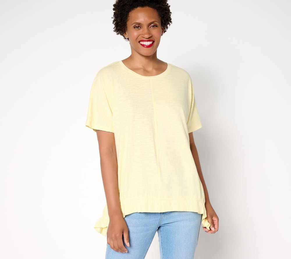 Fashion Women's Top Sz M 100% Cotton Ruched Hem Yellow A697242