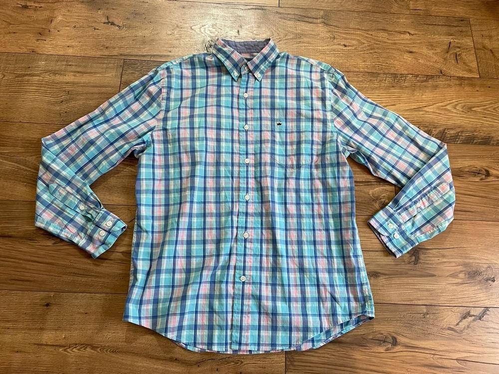Men’s Crown & Ivy Shirt Button Up Long Sleeve Classic Fit Blue/Pink Plaid Size S