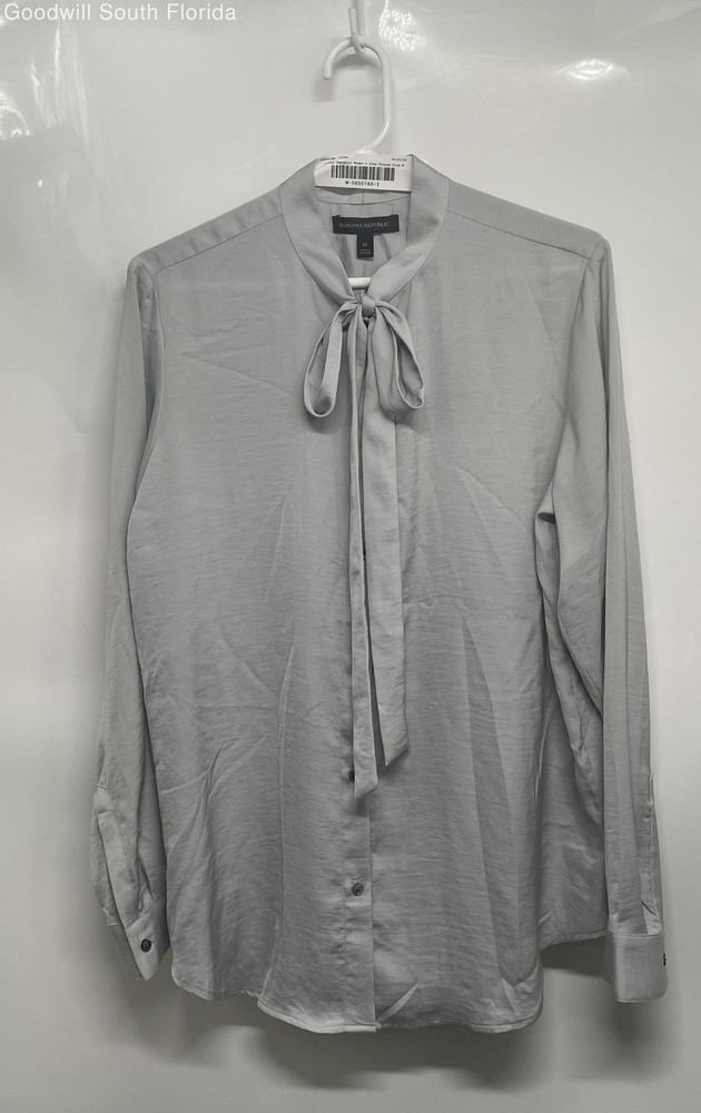 Banana Republic Womens Gray Long Sleeve Tie Neck Button Front Blouse Top Size M