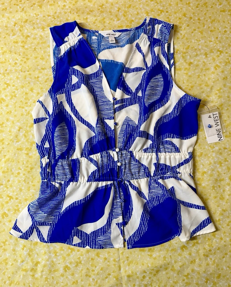 Nine West Abstract V-Neck Sleeveless Button Blouse L Blue/White