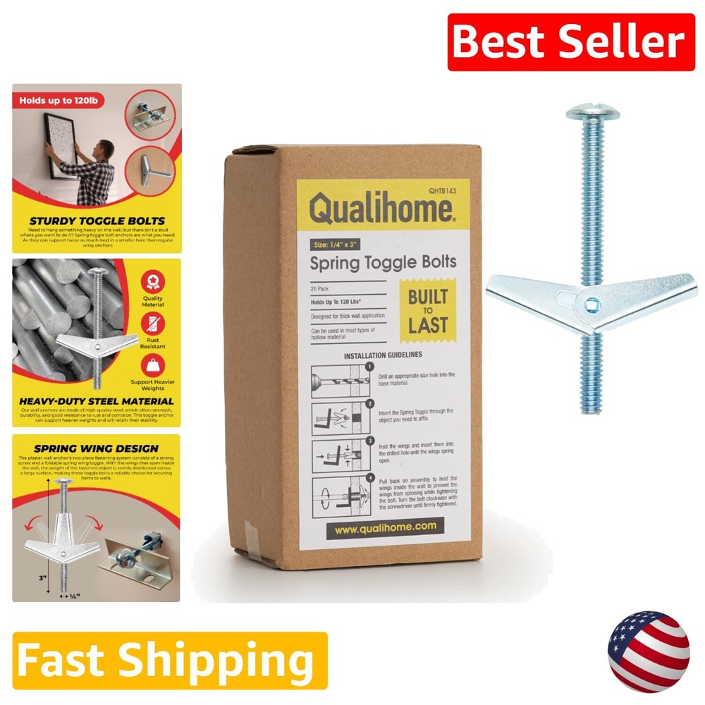 Spring Wing Design Hollow Wall Anchors - Pack of 20, Rust-Resistant Toggle Bolts