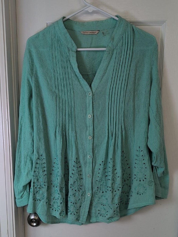 Soft Surroundings Cotton Seafoam Pintuck Button-Front Cutwork Blouse