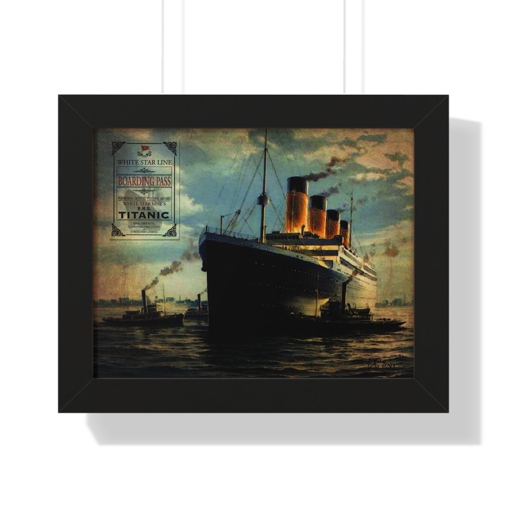 Framed RMS Titanic Ship Poster with Boarding Pass Imprint