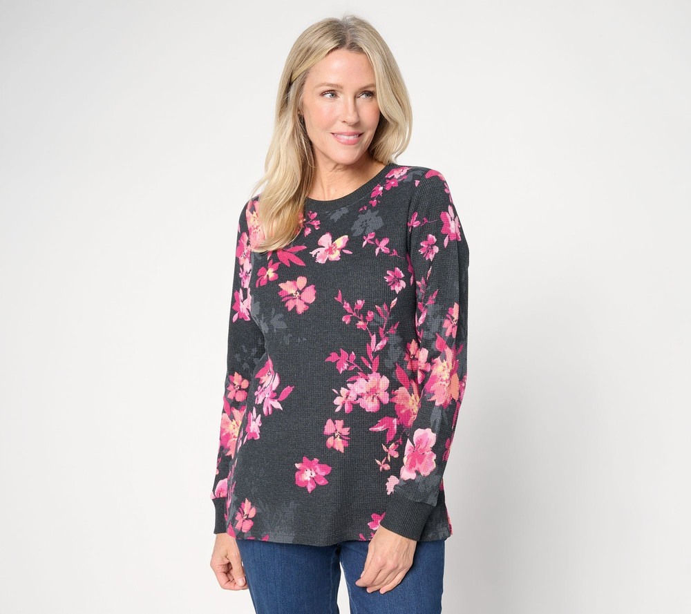 Belle by Kim Gravel Women's Top Sz L Baby Waffle English Garden Black A677097