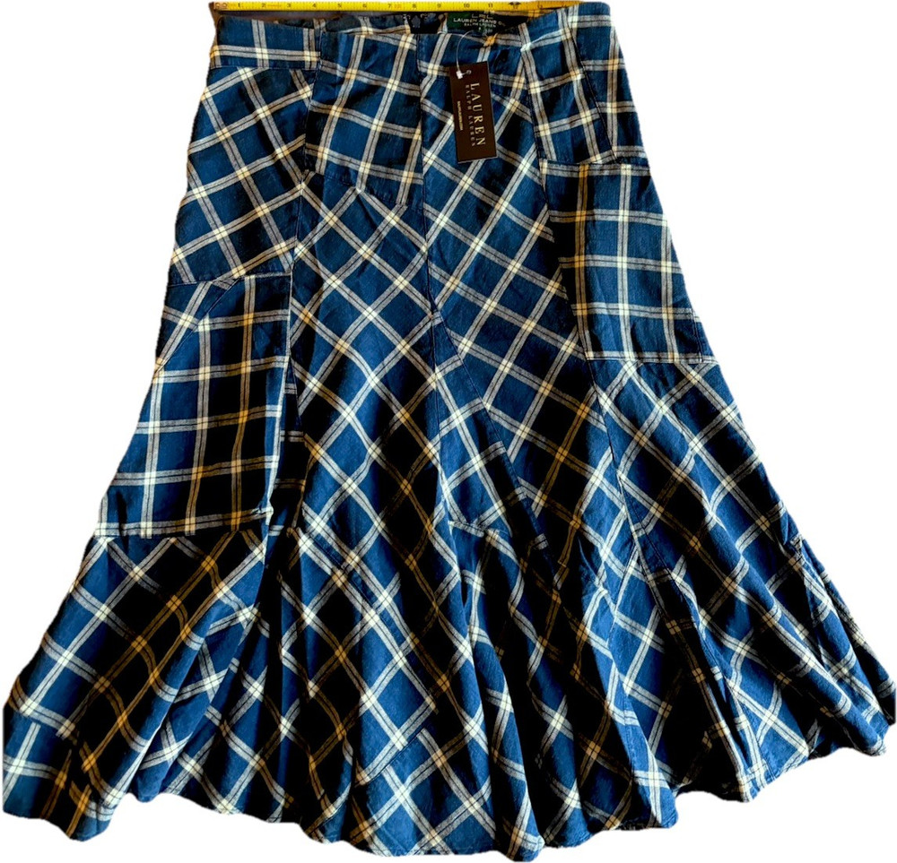 Lauren Ralph Lauren Women Blue Plaid Flare Long Skirt Size 6