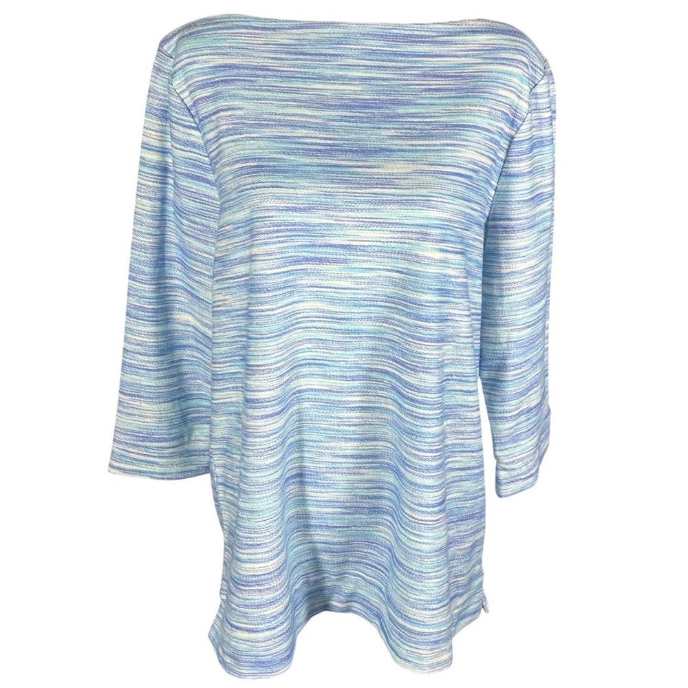 Talbots Knit Top Womens XL Blue Space Dye Boatneck 3/4 Sleeve Side Slit Striped