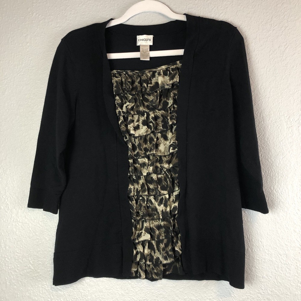 Chicos Womens Blouse Size 1 Animal Print Top Shirt Black Ruffled 3/4 Sleeve