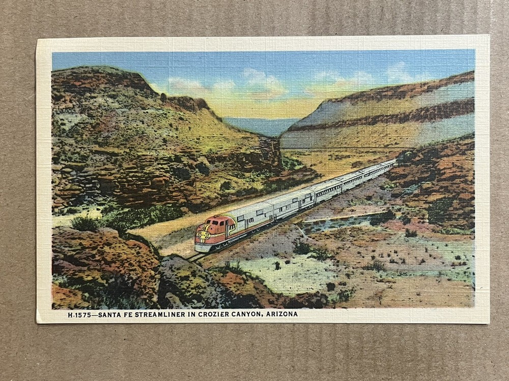Postcard Crozier Canyon AZ Santa Fe Railway Streamliner Train Fred Harvey
