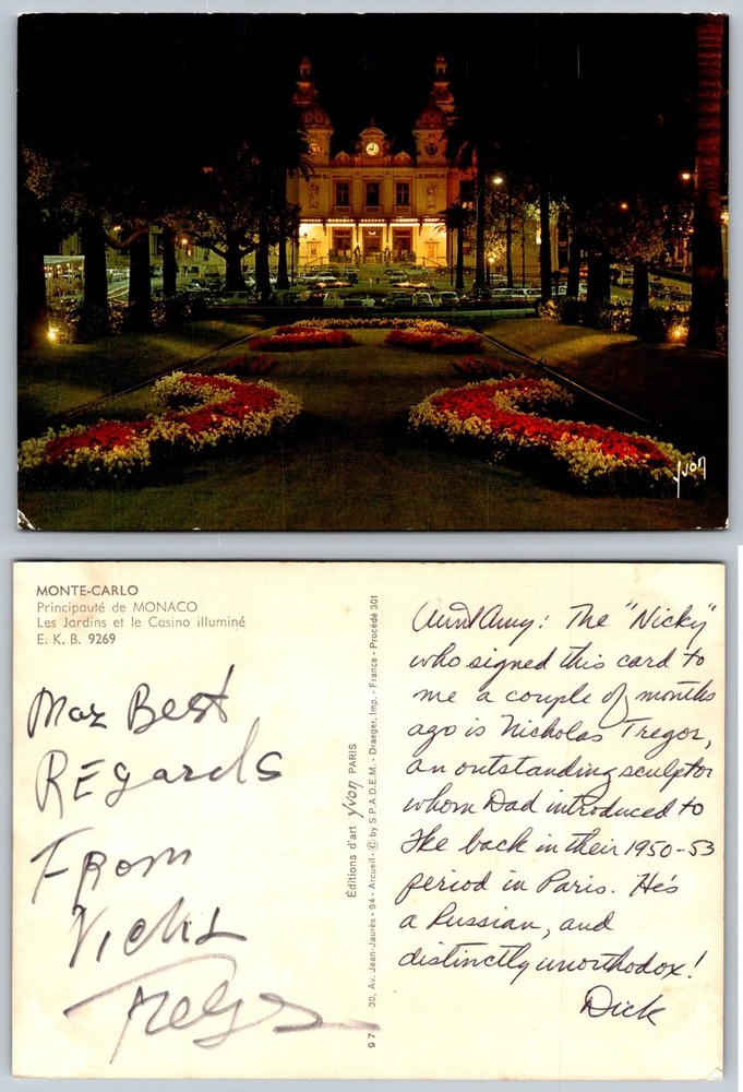 Vintage Monte Carlo Monaco Casino Gardens Night View Yvon Postcard Nicholas