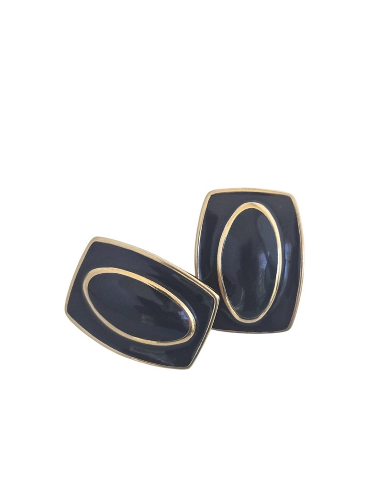 Vintage Monet Gold Tone and Navy Blue Enamel Post Earrings