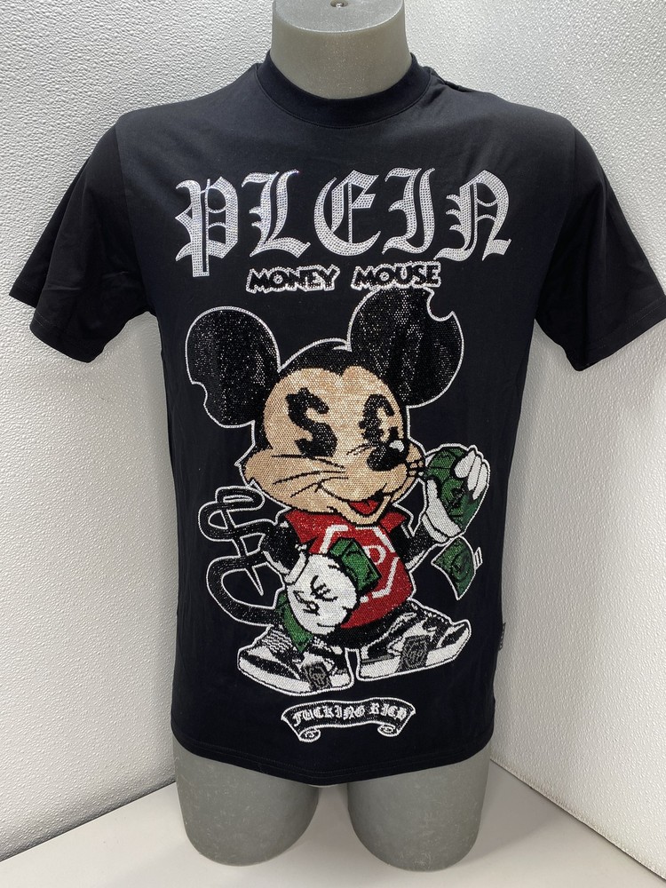 Philipp Plein Mens T-Shirt Black Size L Jersey Short Sleeve Strass Money Mouse
