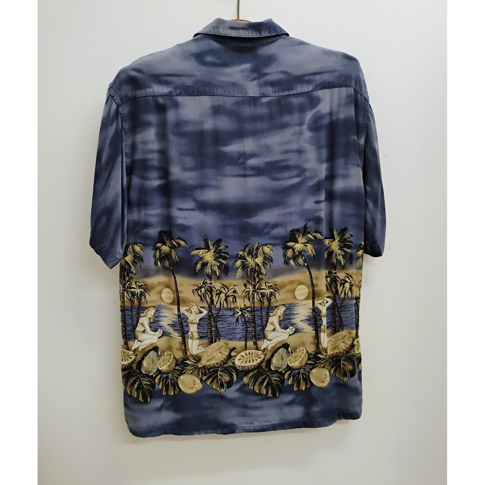 Campia Moda Men's Large Blue Hawaiian Shirt Pin Up Tropical Beach Print Rayon