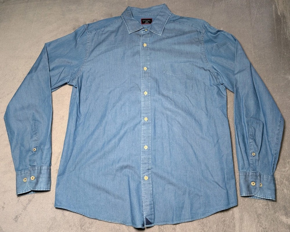 UNTUCKit Mens Large Slim Denim Penfolds Button Down Shirt Blue Cotton Chambray