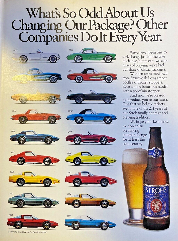 1989 Vintage Magazine Advertisement Stroh's Beer Classic Corvettes