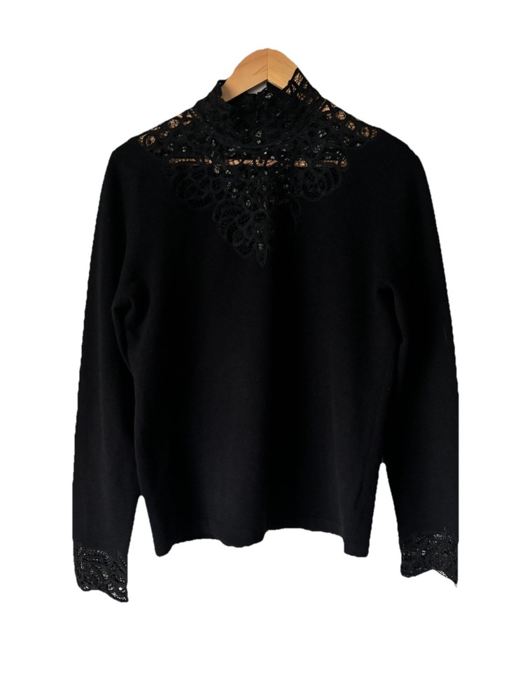 Ralph Lauren Turtleneck Women’s W/ Lace Yoke & Collar Black Merino Wool Cashmere