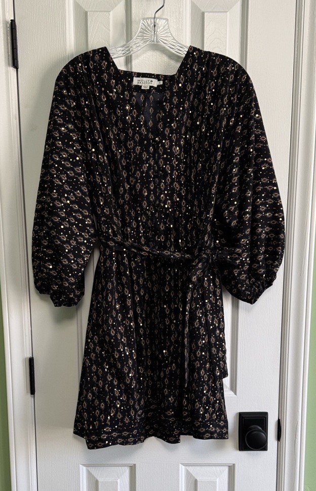 MOLLY BRACKEN Flowy Indy Shirt Dress Puff Sleeve Belted Black Metallic Gold S