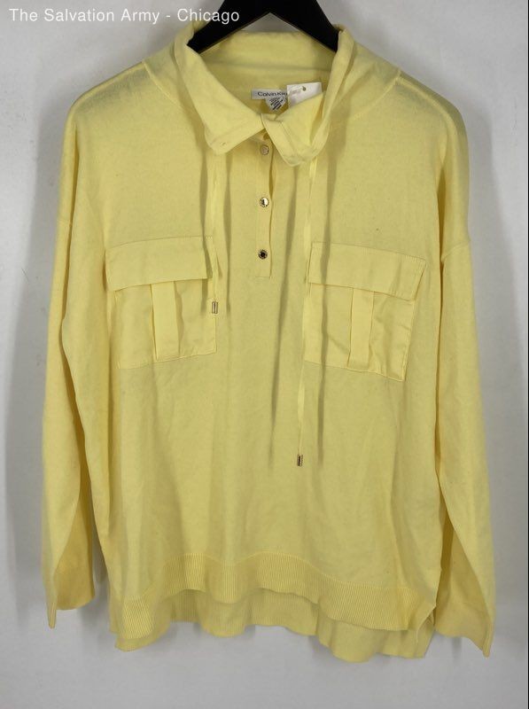 Calvin Klein Womens Yellow Knit Long Sleeve Pockets Blouse Top Size Large