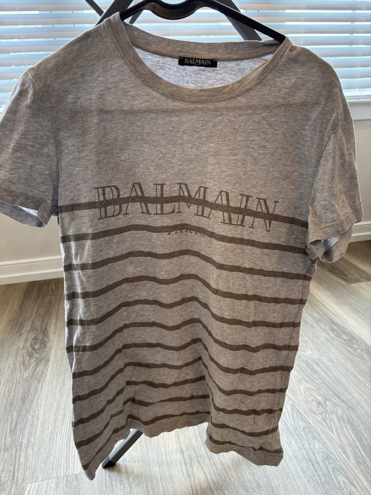 Balmain Paris T-Shirt Grey Striped Logo Tee Men's Size S