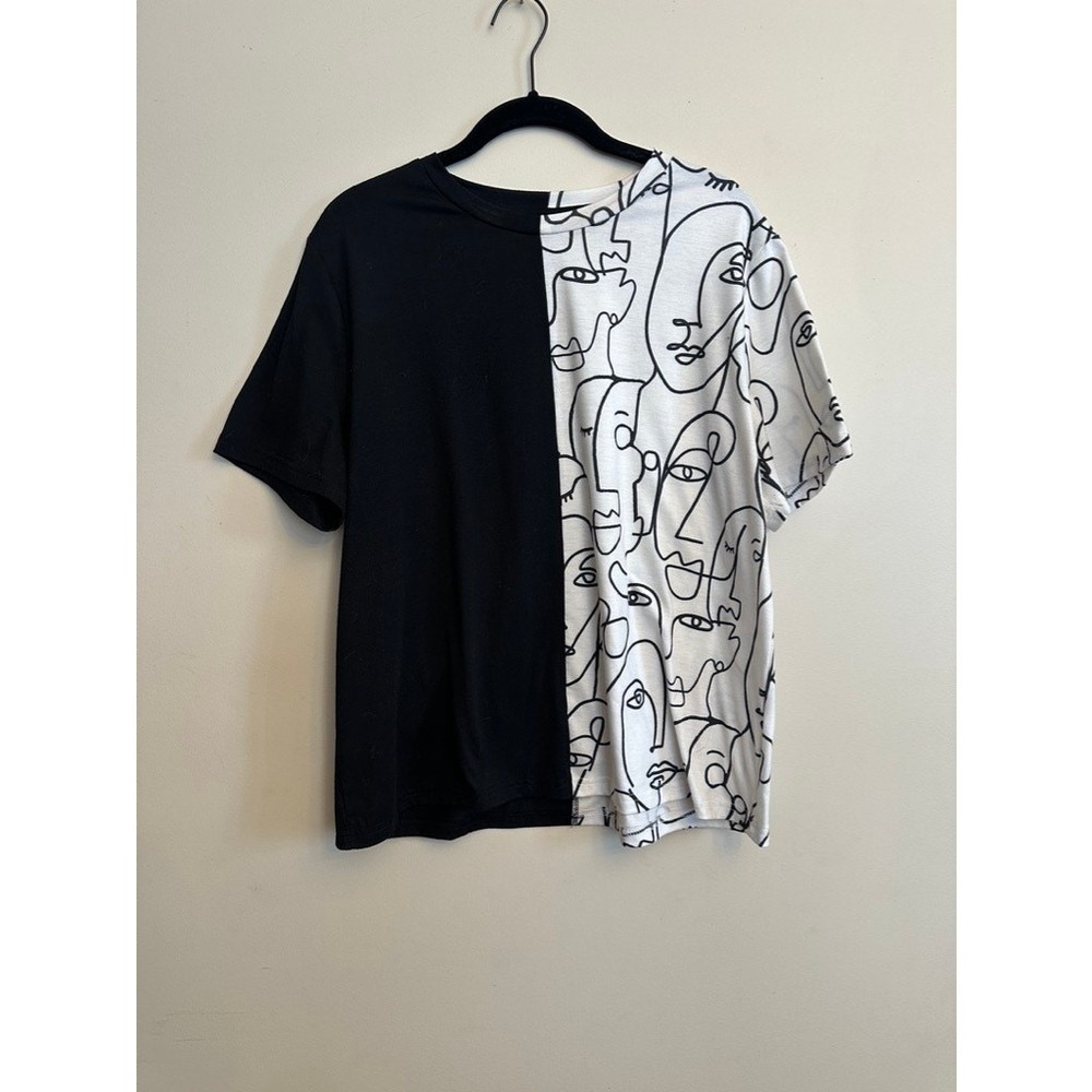 SHEIN Split Face Graphic Tee Black White Size L