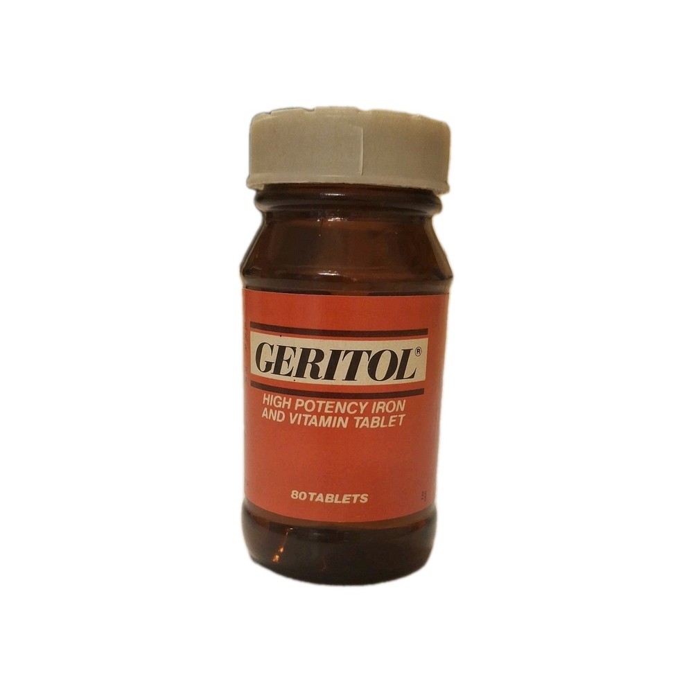 Vintage Empty Glass Geritol Bottle with Plastic Lid