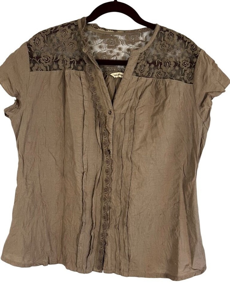 Earthy Floral Lace Top Brown XL Coastal Lagenlook Boho Western Neutral Classic
