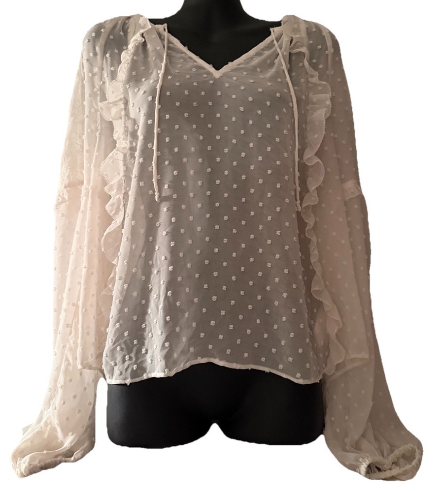 🌸EXPRESS Sheer Swiss Dot Ruffled Balloon Sleeve Blouse-Cream-Size S🌸