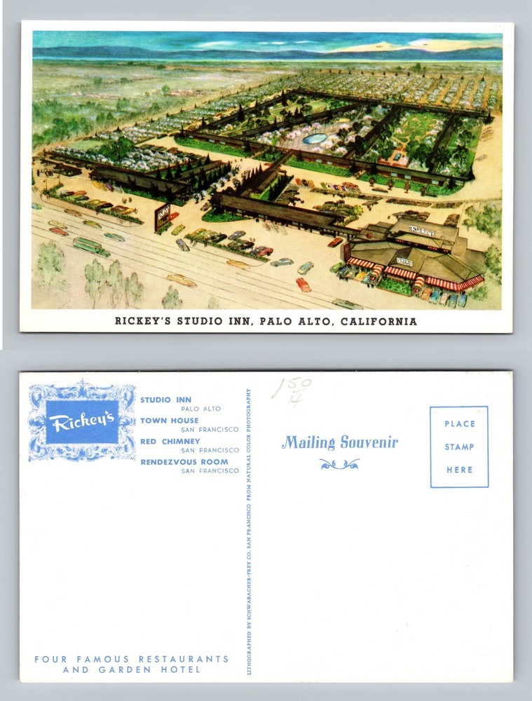 Palo Alto, CA-California, Rickey's Studio Inn Aerial Card View Vintage Postcard