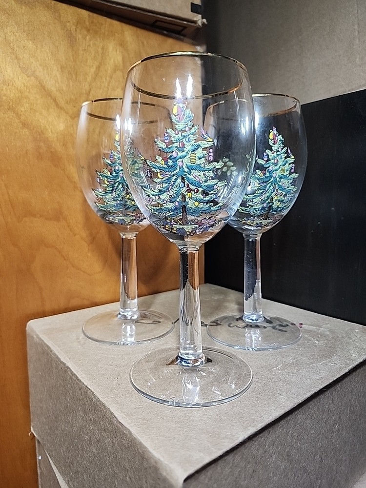 3 Spode Christmas Tree Wine Water Glasses Goblets Stemware Pedestal  7