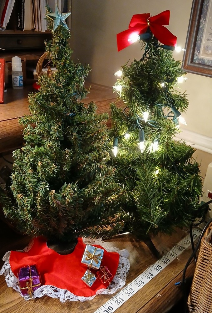 CHRISTMAS TREES – Set of TWO 15-16 Inch Mini Christmas Trees  - 1 Tree w Lights