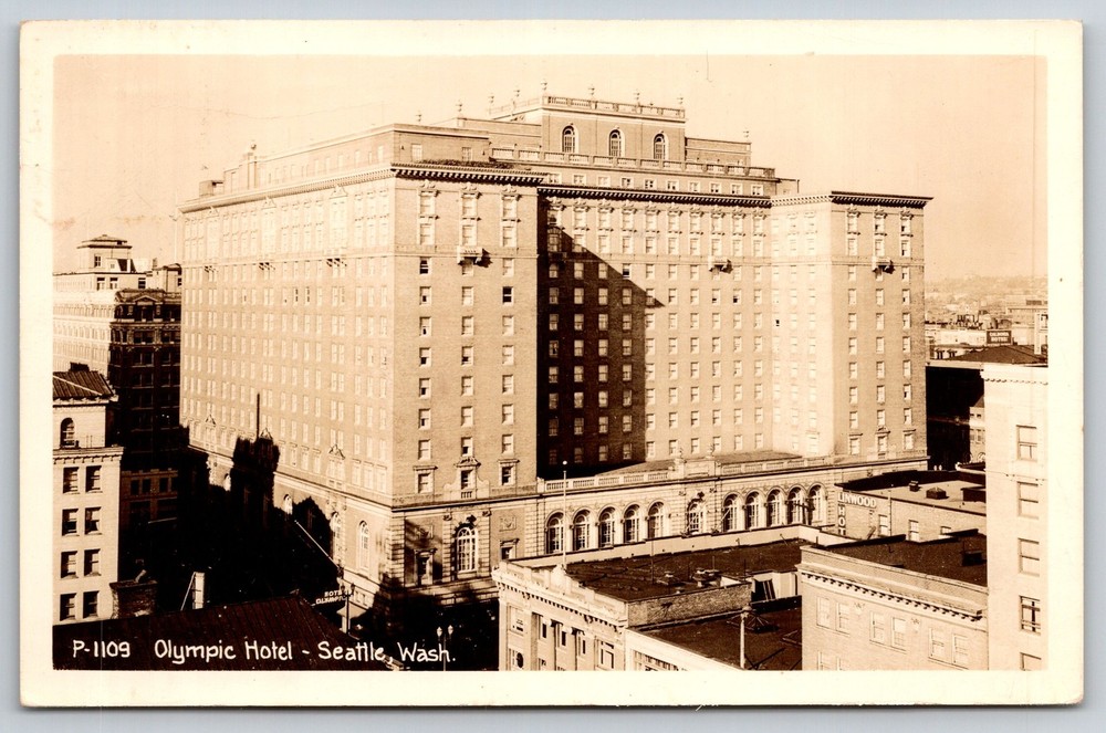 RPPC~Seattle Washington~Olympic Hotel Bldg Exterior~PM 1945~Real Photo Postcard