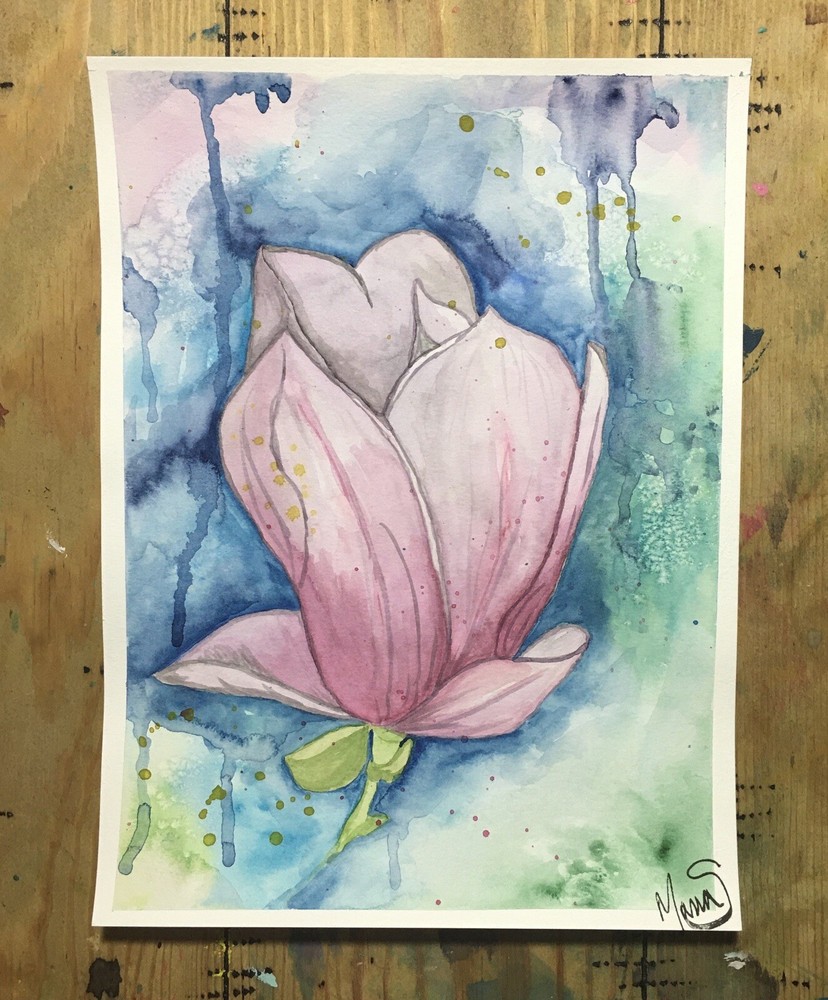 Maria Scalf Flower Floral Abstract Botanical Magnolia Watercolor Signed Art 9x12