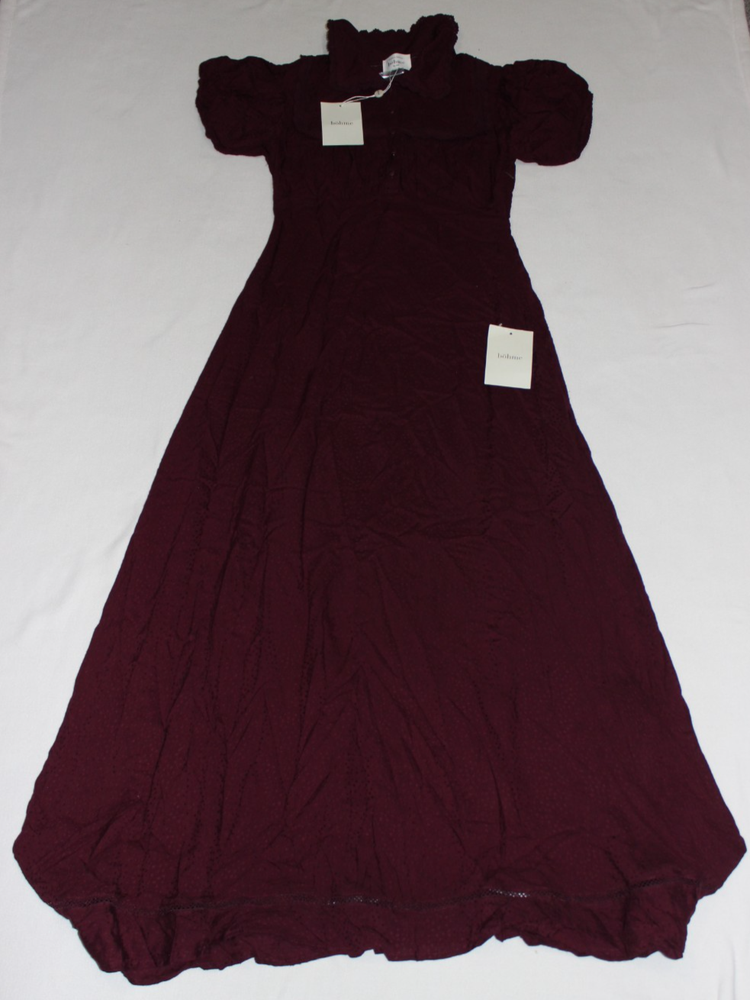 NWT Bohme Maxi Dress Size S Wine Burgundy Short Sleeve Buttons Lined Lace Collar
