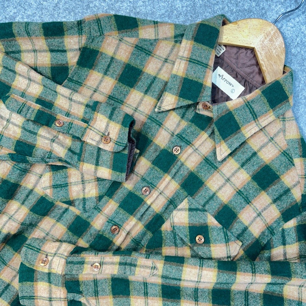 Vintage Wool Blend Plaid Flannel Shirt Green Tan Quilted Mens L Large Arrow