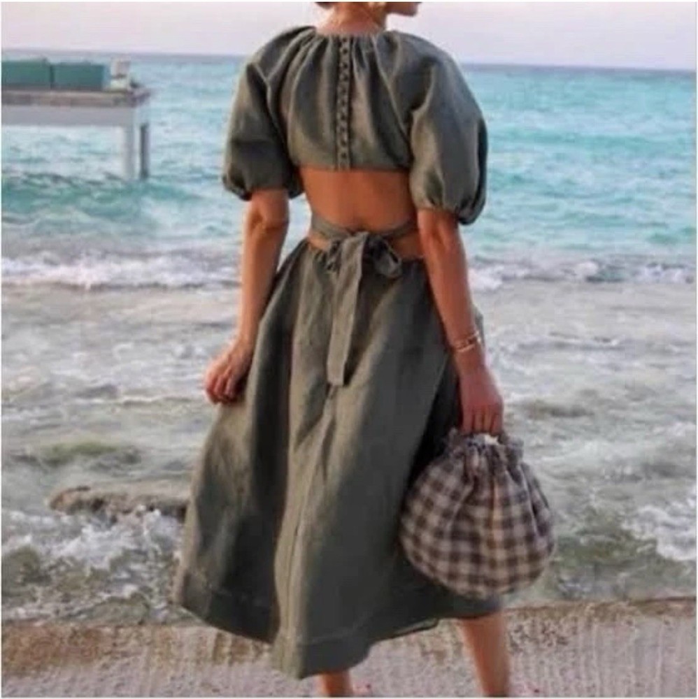 Aje Mimosa Dress Size AU/UK 10 US 6 Cut Out Midi Linen/Silk  Pockets Puff Green