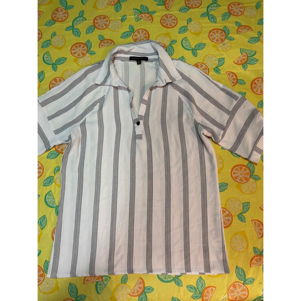 Adrienne Vittadini Striped Polo Blouse Womens Size S White Black