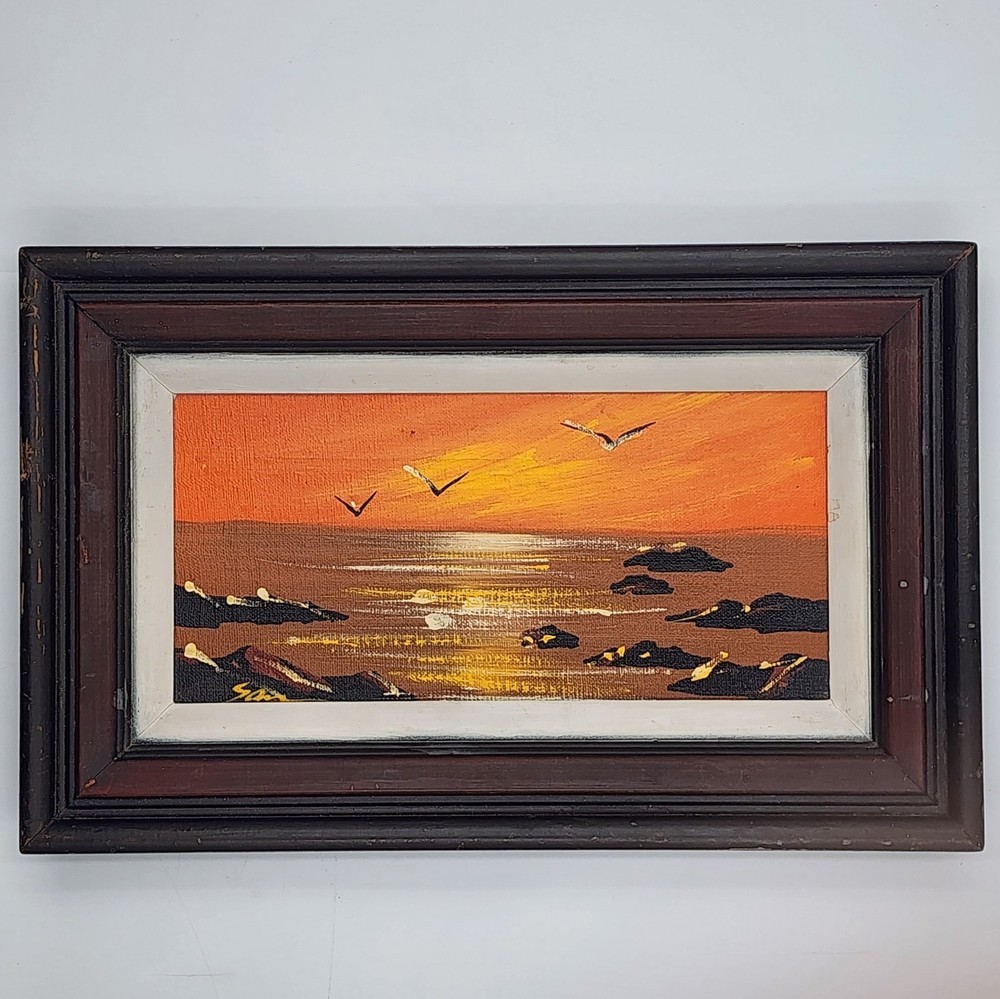 Vintage Mid Century Seascape Oil Painting Sunset Seagulls Ocean Beach Framed MCM