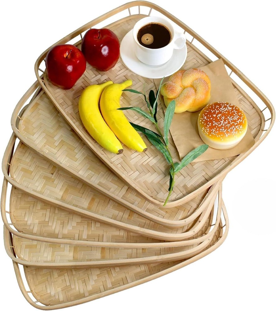 Set of 4 Bamboo Wicker Serving Trays for Foods & Drinks