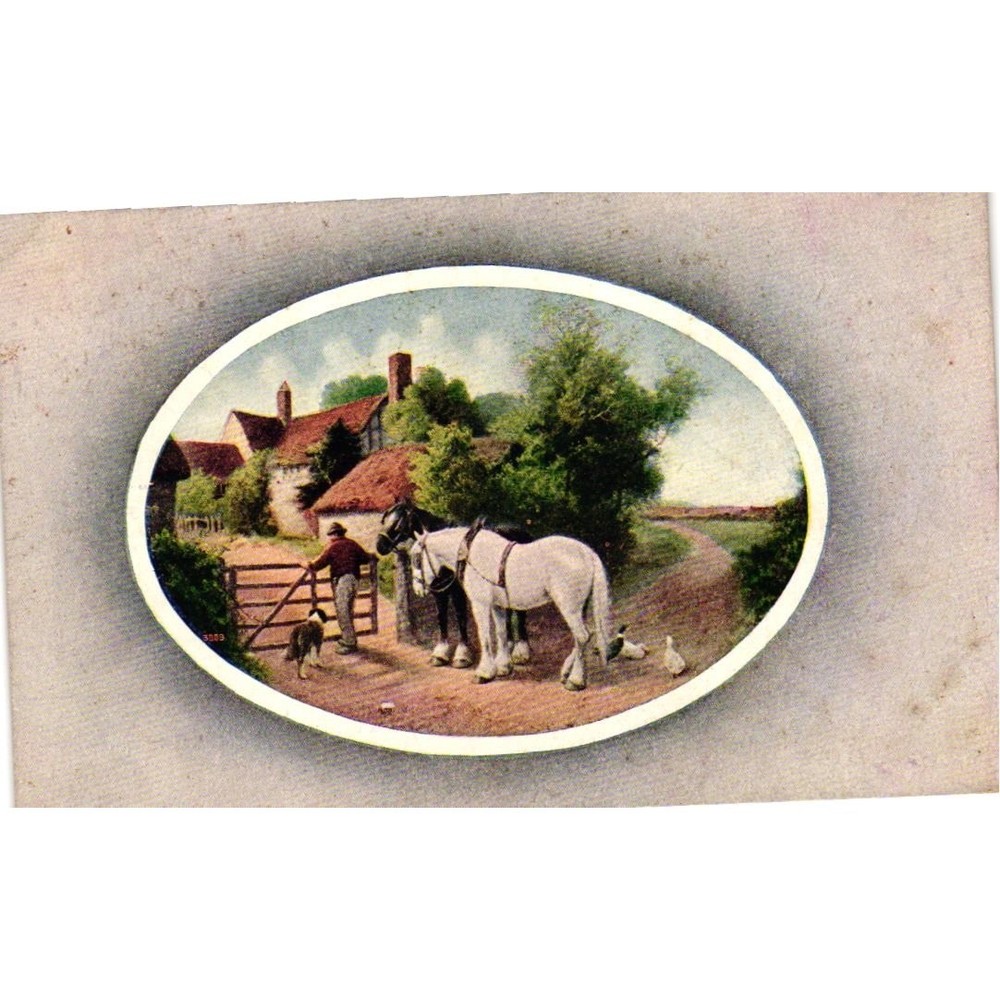Antique 1909 Postcard Rural Farm Scene Horses Farmer Cottage Divided Back Art