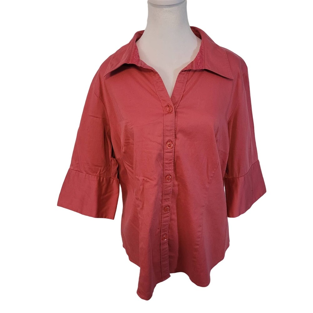 Lane Bryant Size 18/20W 3/4 Sleeve Button Up Front Dart Pink Collared Top Career