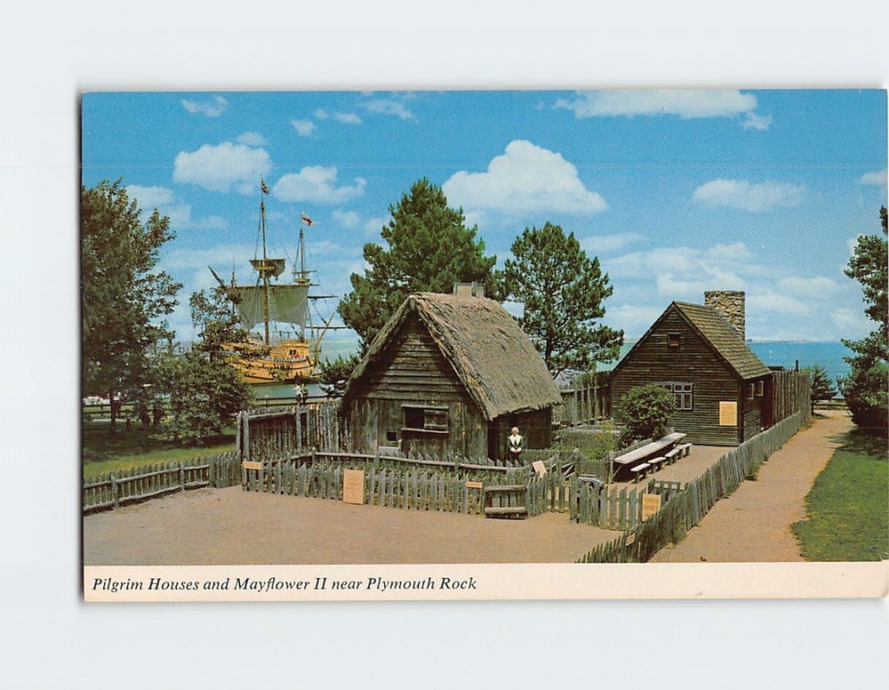 Postcard Pilgrim Houses and Mayflower II Near Plymouth Rock Massachusetts USA