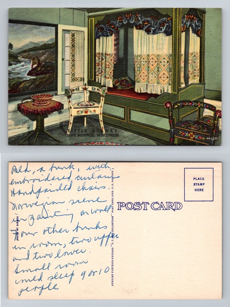 Blue Mounds, WI-Wisconsin Little Norway Nordic Bedroom Curtains Vintage Postcard