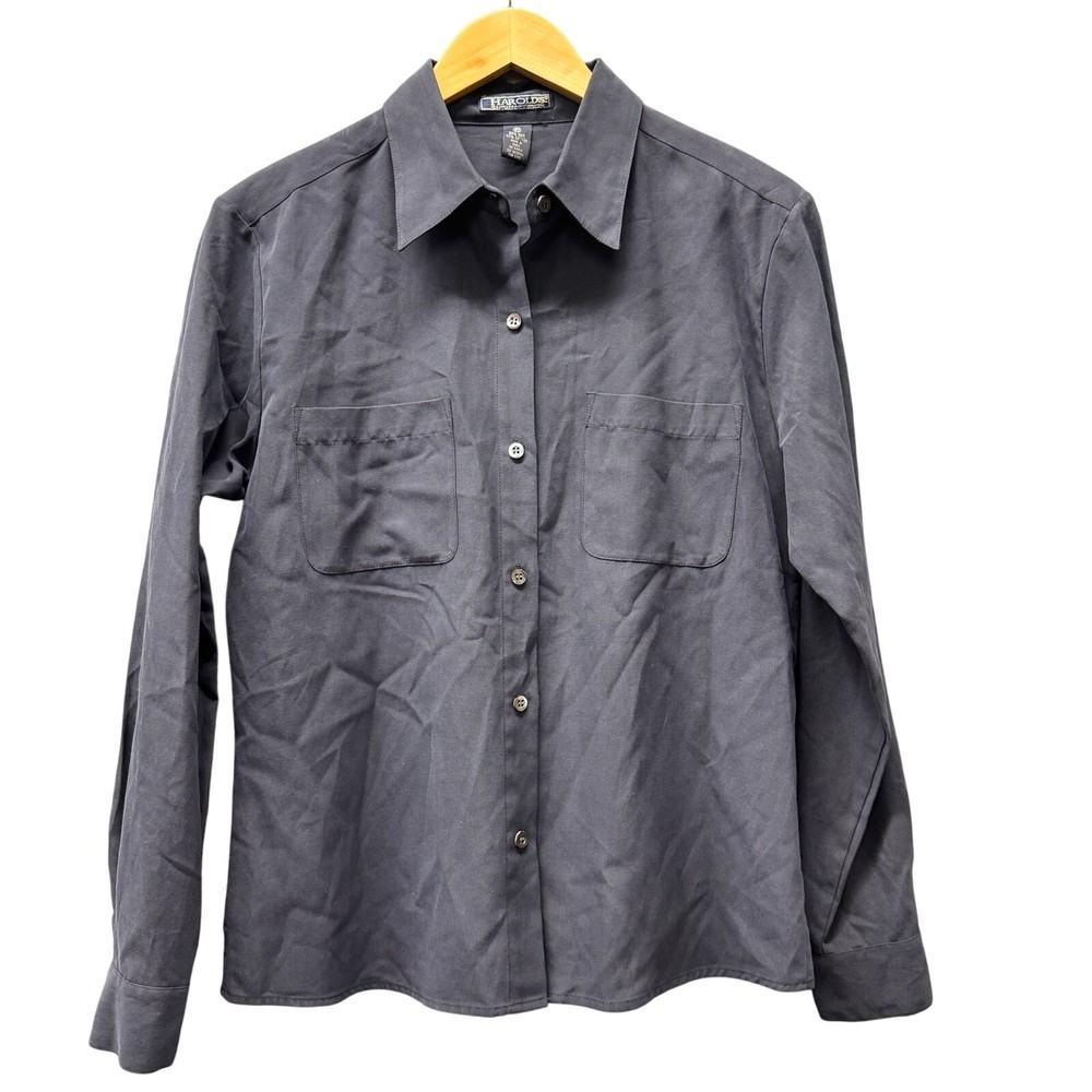 Harolds Blouse Silk Cotton Coastal Navy Blue Button Up Long Sleeve Womens 10