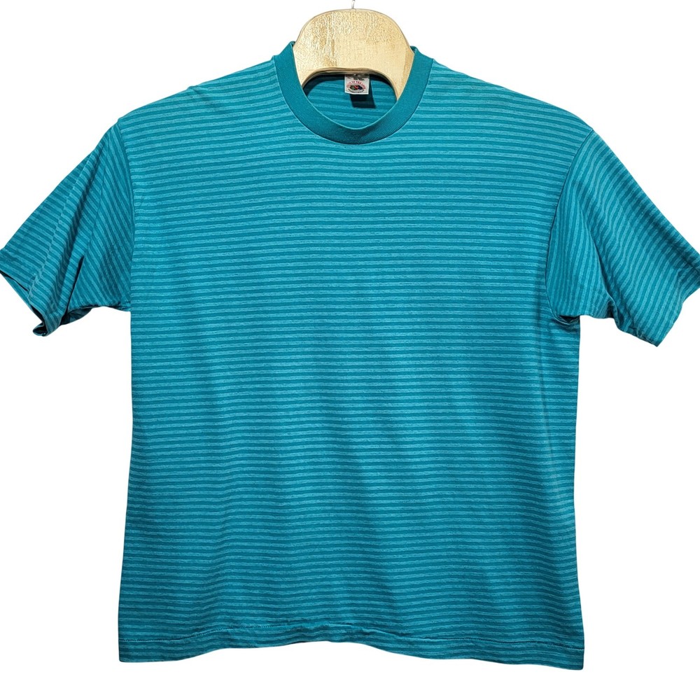 Vintage Fruit of the Loom Teal Striped T-Shirt XL Single Stitch 90s Made in USA