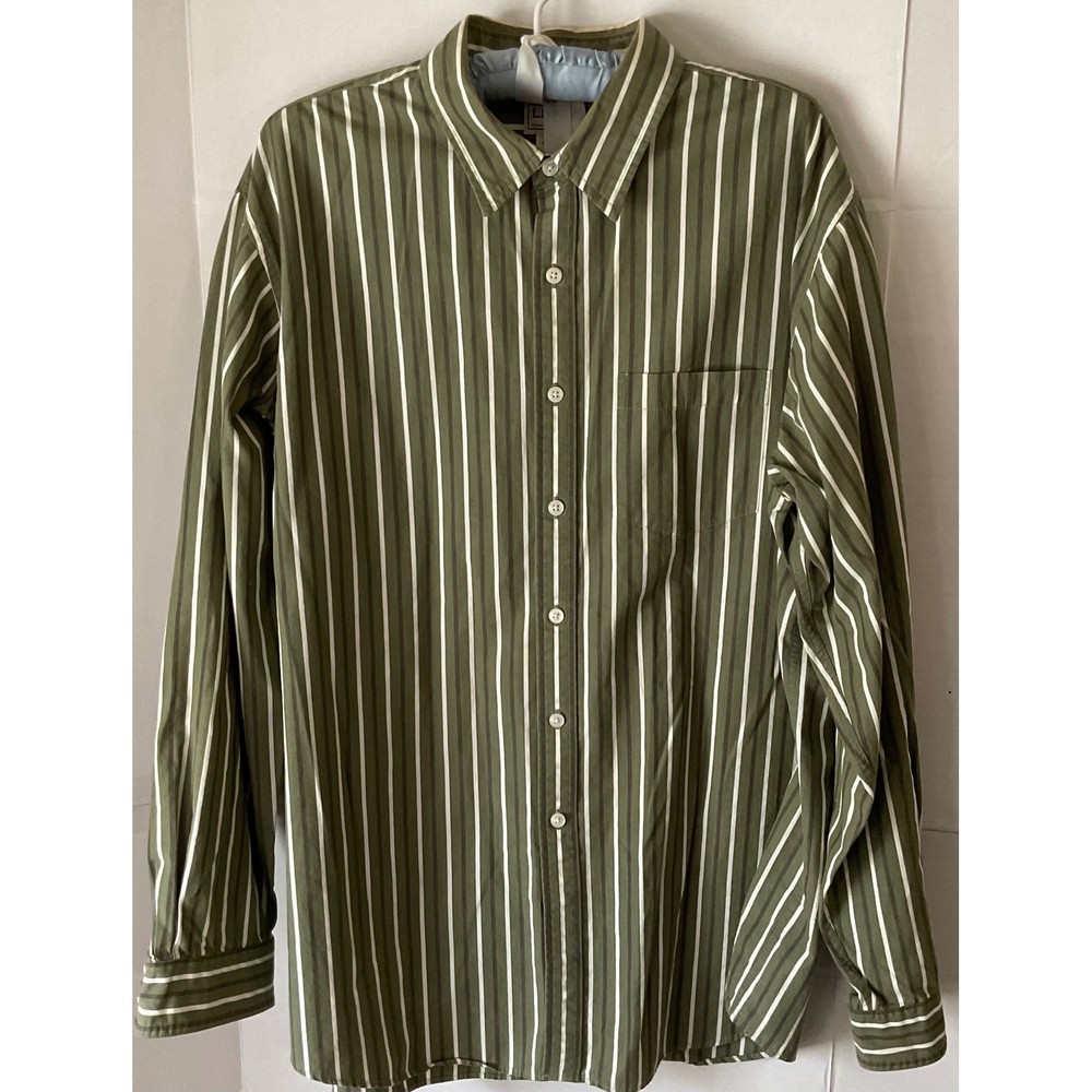 LL Bean Mens Long Sleeve Button Down Shirt Olive Green White Stripe Cotton XL